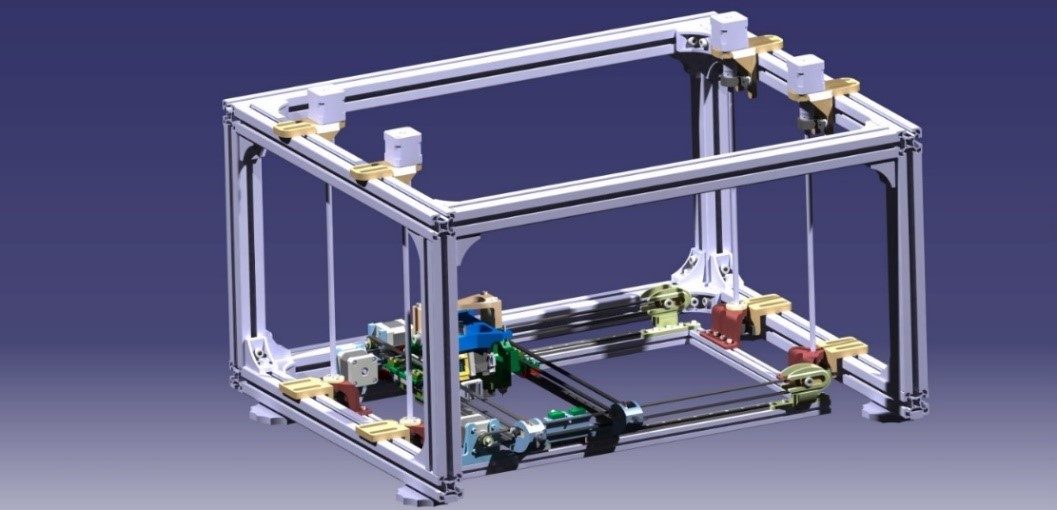 Modèle 3D d’un châssis en profilés aluminium équipé d’axes motorisés